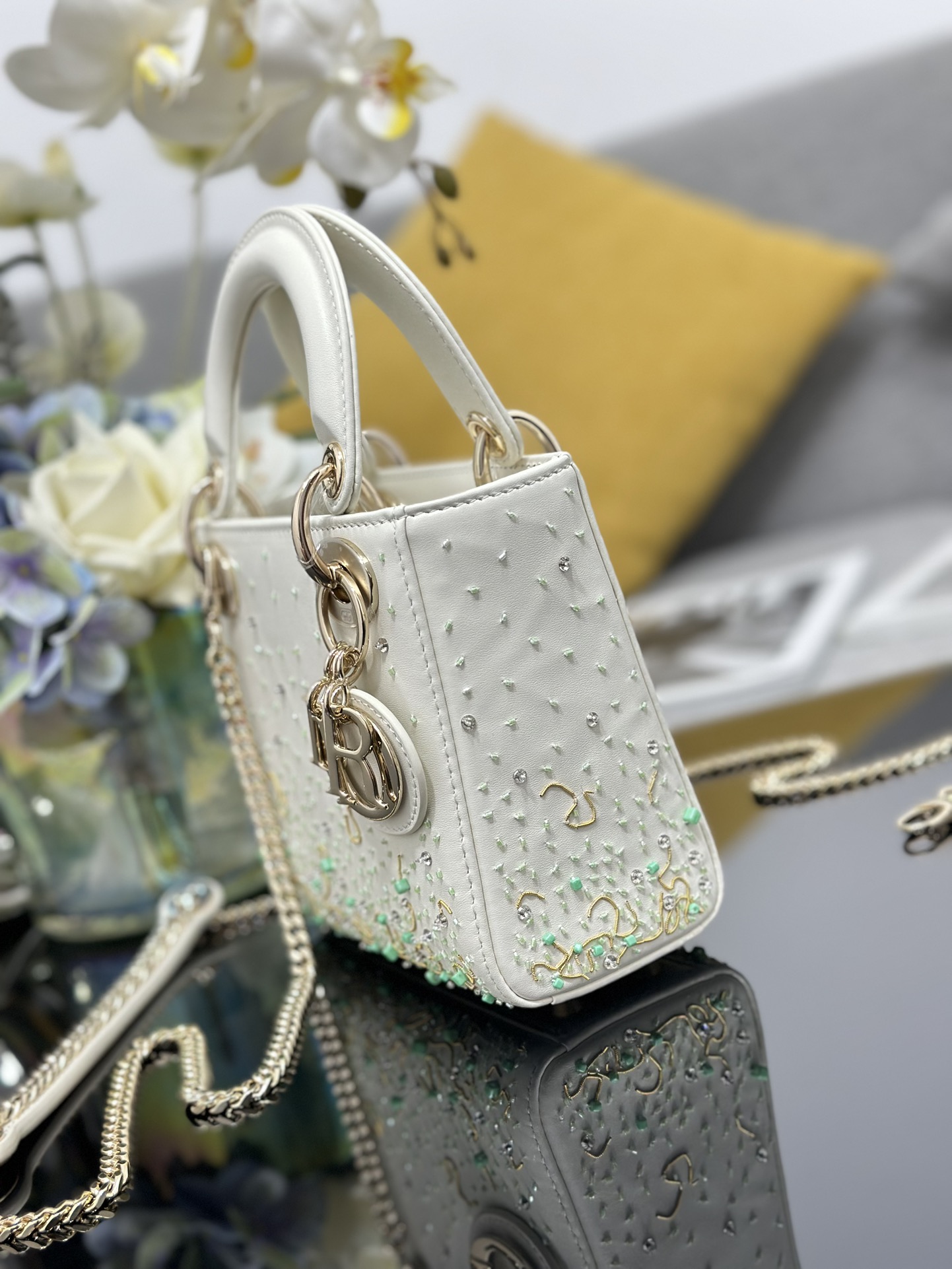 Mini Lady Dior Bag White Calfskin Embroidered with Mint Green Bead